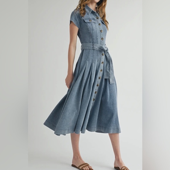 A293. Denim Button-Down Shirt Dress with Belted Waist - Picture 10 of 12